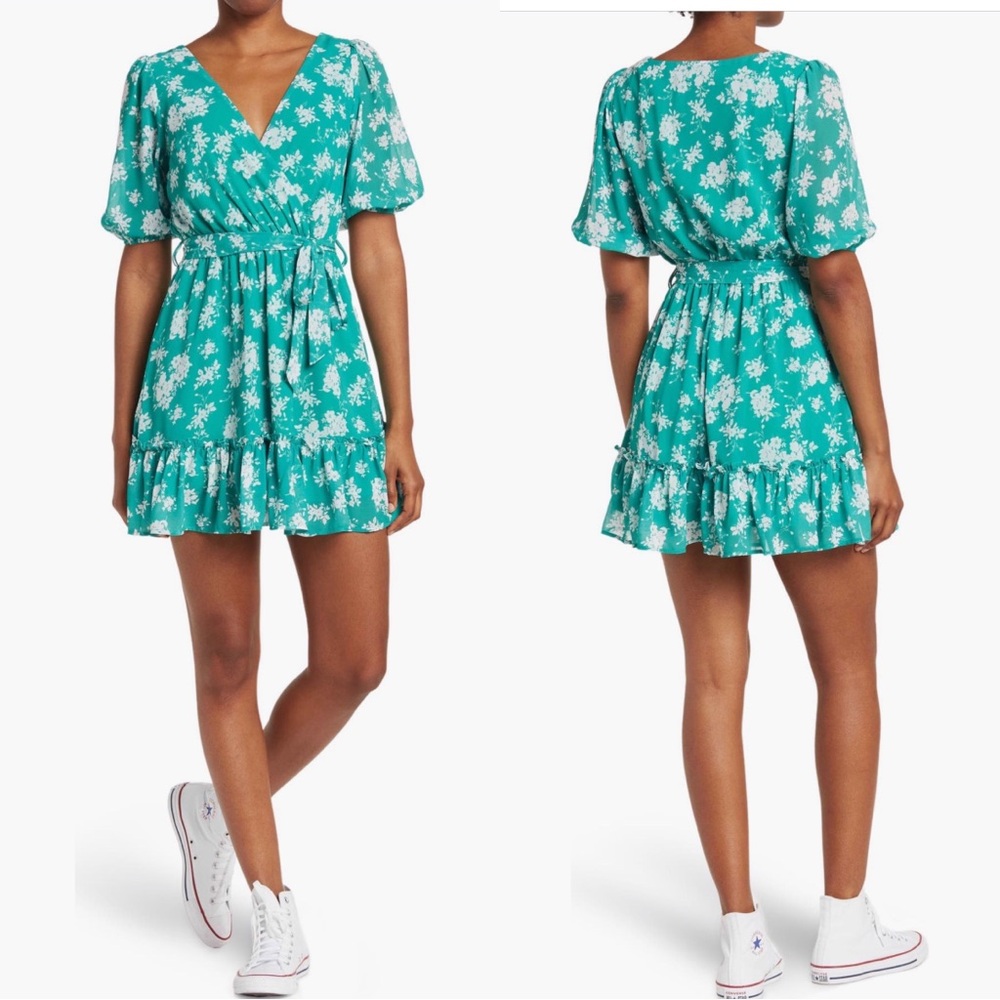 Melrose & Market NWT Green White Floral Print Faux Wrap Mini Dress
